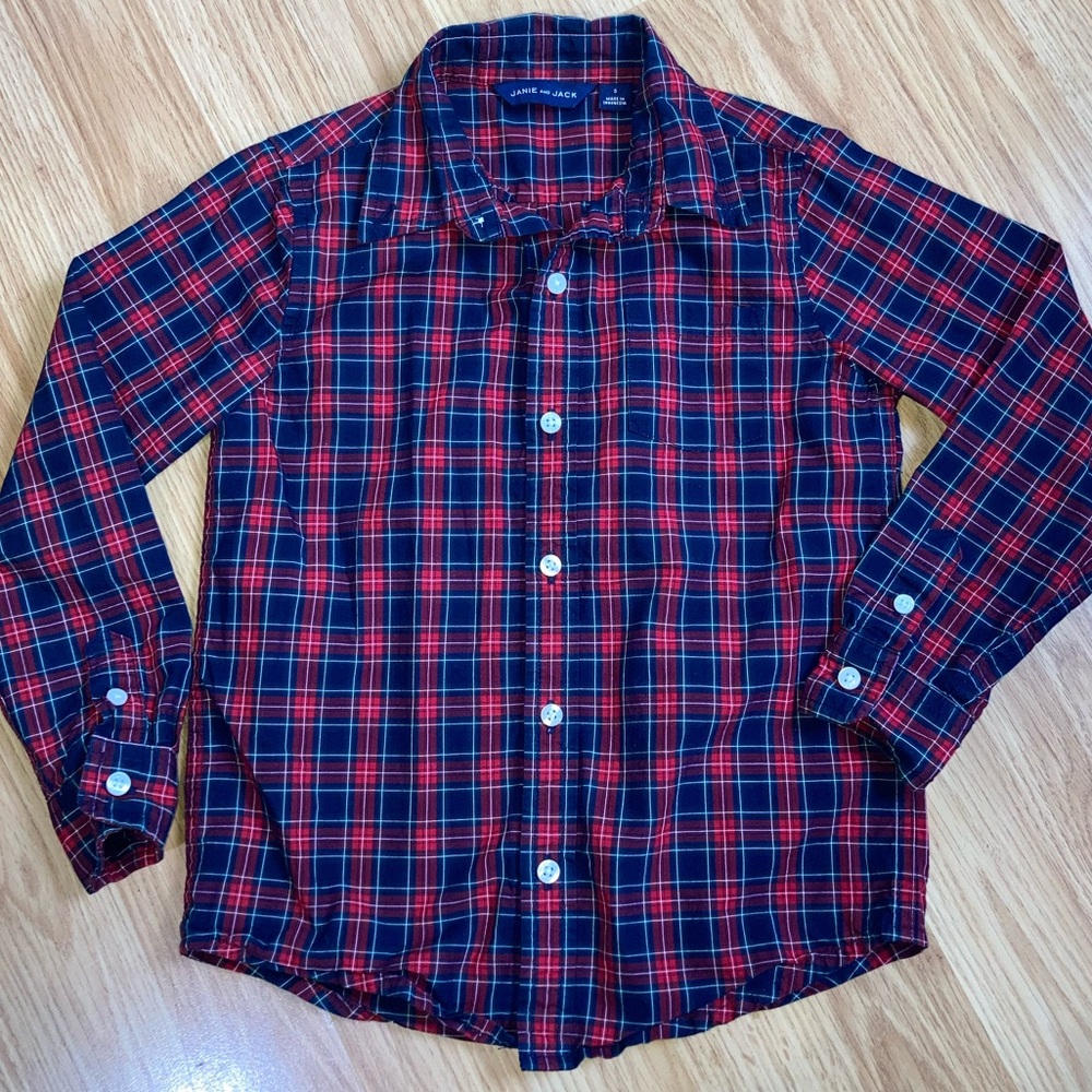 Janie and Jack Little Boys Tartan Poplin Collared Button Down Plaid Shirt sz 5